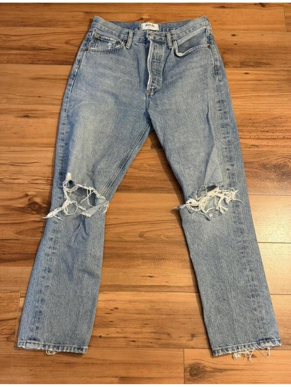 AGOLDE Riley High Rise Straight Crop Jeans Light Wash Size 26 Distressed Raw Hem